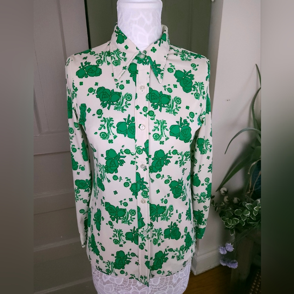 Alex Colman California Vintage 70s Point Collar Flowy Top Green Cream Small